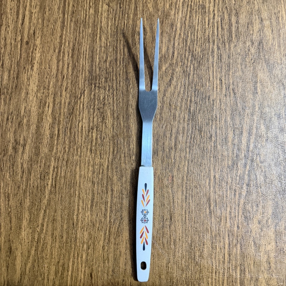 Vintage Japan Stainless Steel Carving Fork White Handle Retro Floral 11.25" MCM